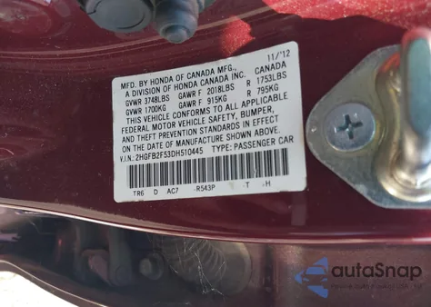 2013 Honda Civic Lx from USA, damaged, VIN 2HGFB2F53DH510445